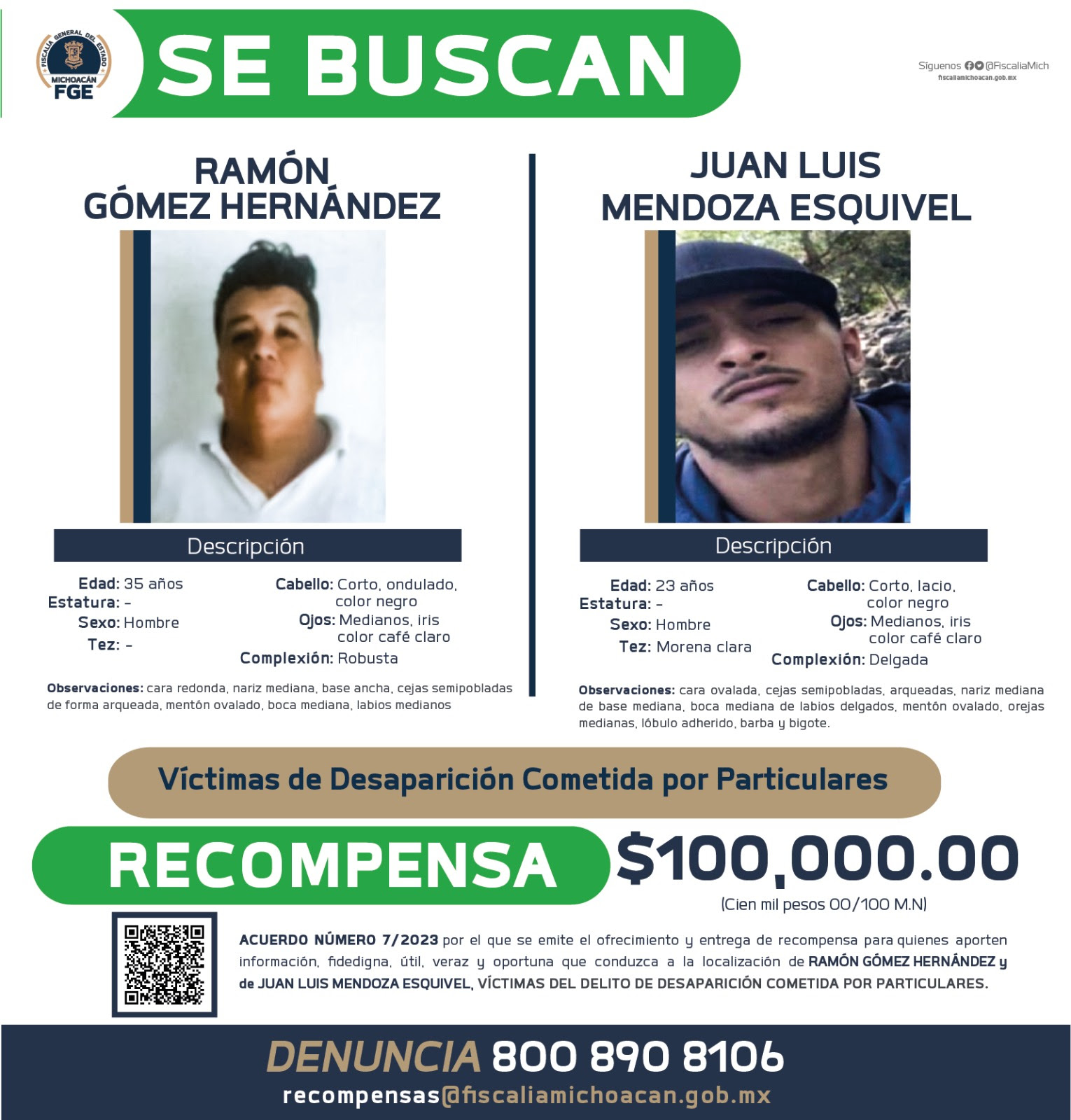 Ofrece FGE recompensa para localizar a Ramón Gómez Hernández y Juan Luis Mendoza Esquivel