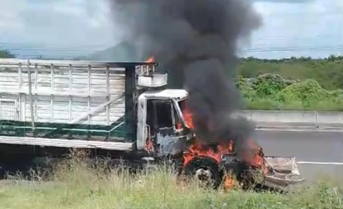 Camión limonero arde en llamas, sobre la carretera Apatzingán – Cuatro Caminos Camión limonero arde en llamas, sobre la carretera Apatzingán – Cuatro Caminos