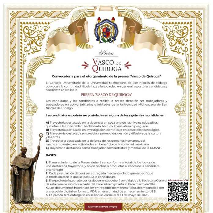 Lista la convocatoria de la Presea "Vasco de Quiroga"; UMSNH invita a participar con propuestas